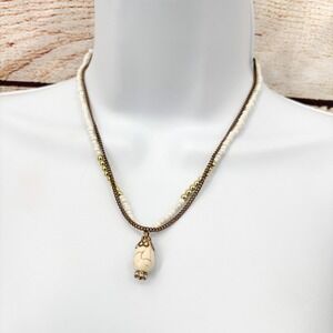 Boho Beaded Layered Necklace White Seed Bead Faux Marble Teardrop Pendant Bronze